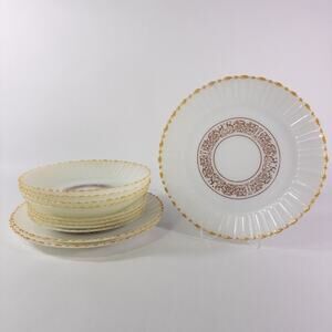Set of 11 Termocrisa Milk Glass Gold Luster Soup Bowls, Plates, Serving Plates
